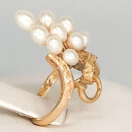 Vintage 14K Yellow Gold Long Cluster of Pearls Ring CR0047