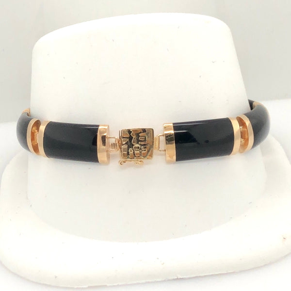14K Yellow Gold Black Stone Link Asian Detail Link Bracelet  CB0234