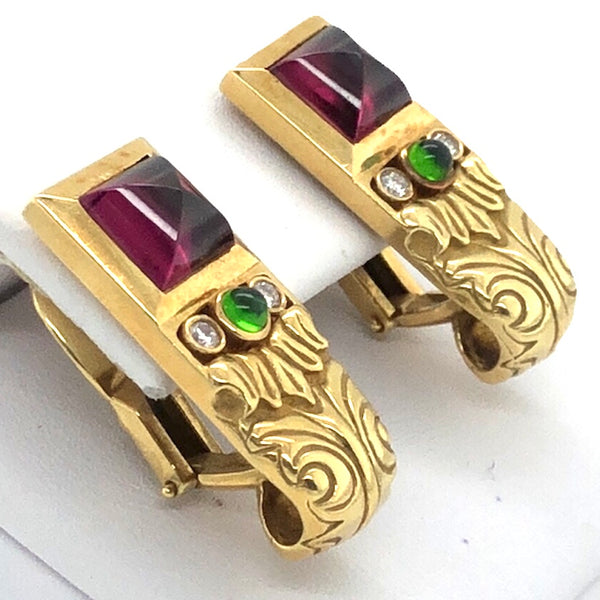 18K Yellow Gold Designer Rhodolite Garnet, Green Diopside, and Diamond Earring  CE0187