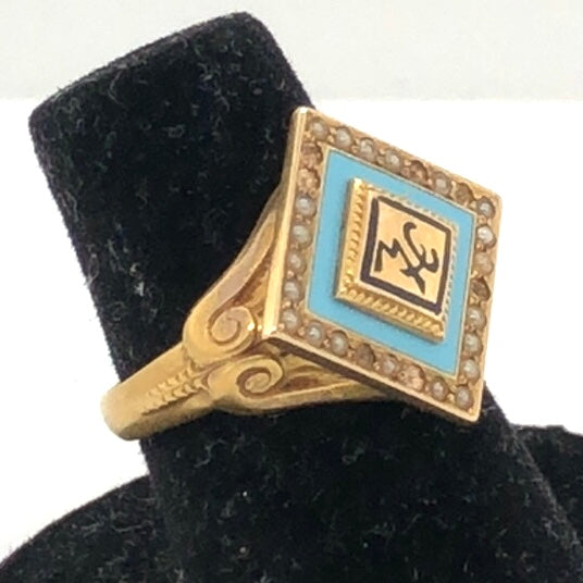 10K Yellow Gold Blue Enamel Ring  CR0323