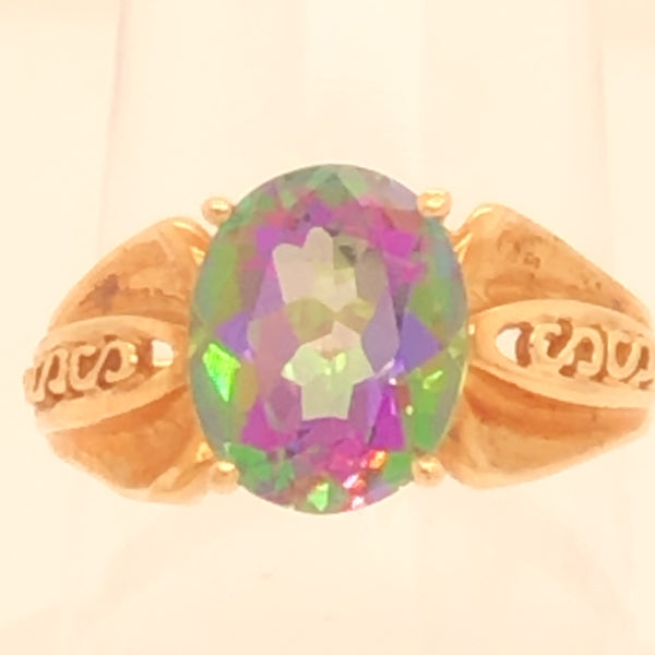 10K Yellow Gold Ornate Setting Mystic Topaz Ring  CR0191