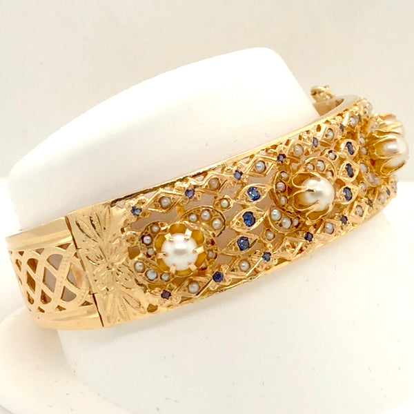 14K Yellow Gold Pearl Bracelet with Pearls & Blue Stone/Seed Pearl Accents CB0228