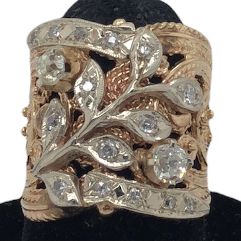 14K Yellow Gold and White Gold WIDE Band Ring with Diamonds  CR0264