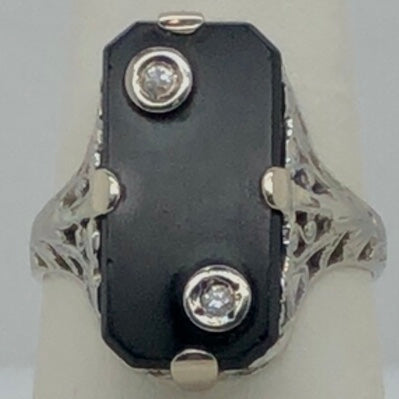 18K White Gold Filigree Ring with Black Onyx with Diamonds  CR0289