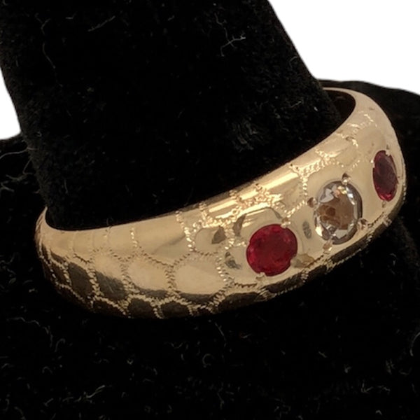 14K Rose Gold Honeycomb Band with 2 Pink & 1 Clear Stones  CR0246