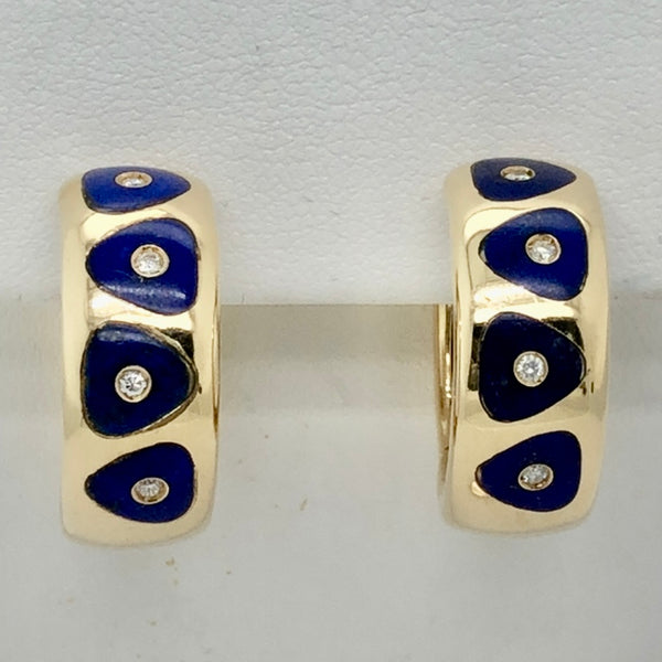 18K Yellow Gold Blue Enamel Hoop Earrings  CE0237