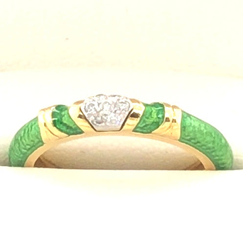 14K Yellow Gold Green Enamel Ring with Diamond Accents  CR0310
