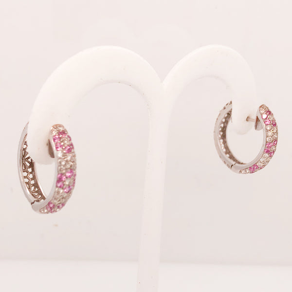 18K White Gold Diamond and Pink Sapphire Hoop Earrings  CE0128