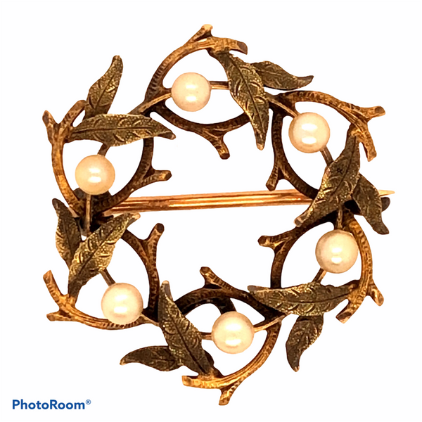 Antique 14K Yellow Gold Laurel Wreath Pin with Pearls   JSI0234