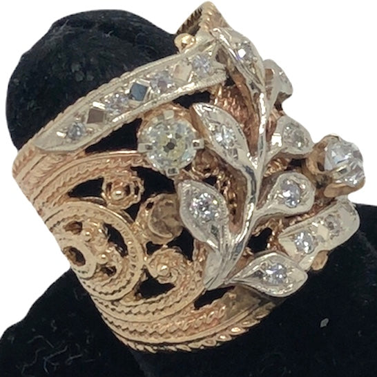 14K Yellow Gold and White Gold WIDE Band Ring with Diamonds  CR0264