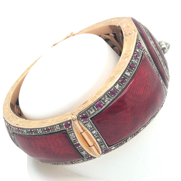 Most Beautiful Antique 14K Yellow Gold  Red Guilloche Enamel Ruby & Diamond Bracelet  CB0224