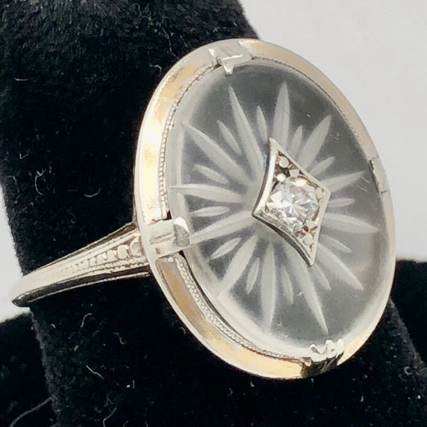 14K White Gold Etched Crystal Ring with Diamond  CR0301