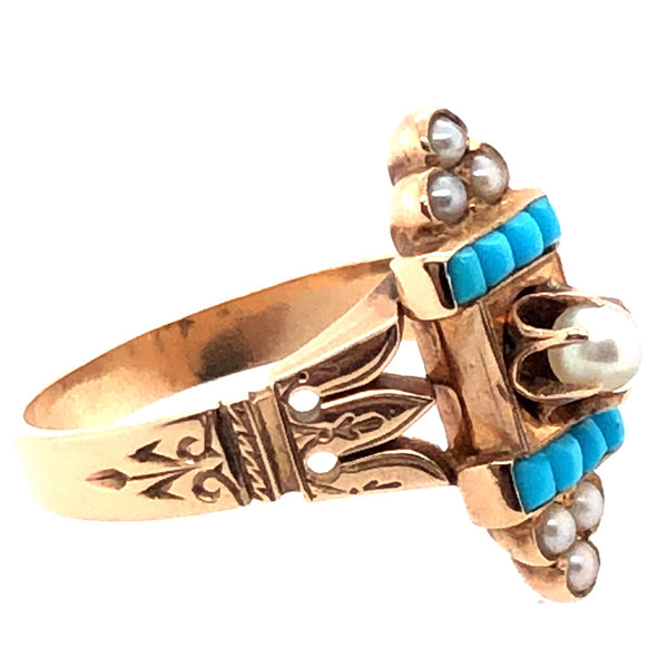 Antique Etruscan Revival Persian Turquoise Seed Pearl Ring  CR0215