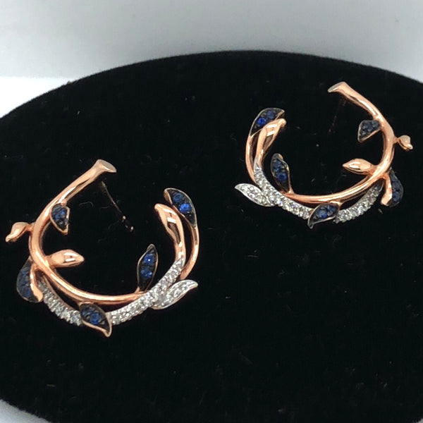 14K Rose Gold Earrings in a Circle with Diamonds & Sapphires  CE0183