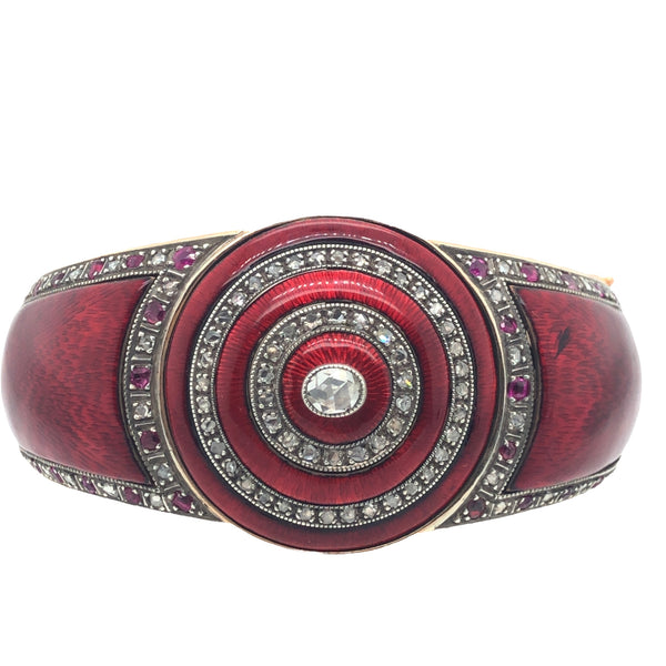 Most Beautiful Antique 14K Yellow Gold  Red Guilloche Enamel Ruby & Diamond Bracelet  CB0224