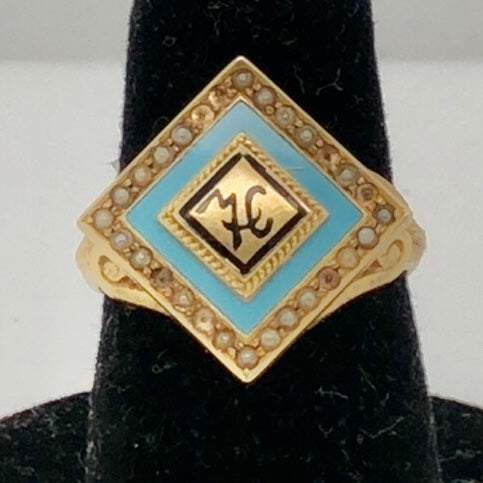 10K Yellow Gold Blue Enamel Ring  CR0323