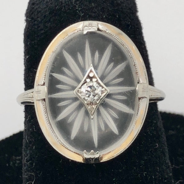 14K White Gold Etched Crystal Ring with Diamond  CR0301