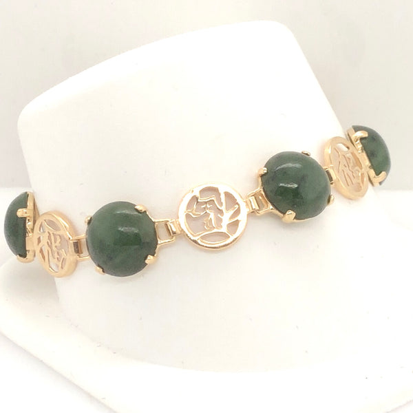 14K Yellow Gold Green Stone Asian Detail Link Bracelet  CB0236