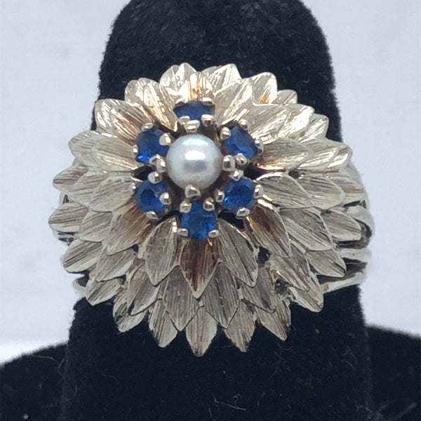 14K White Gold Diamond Hive Ring with Sapphires and Pearl  CR0202