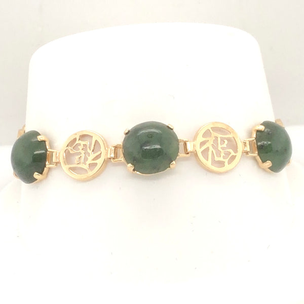 14K Yellow Gold Green Stone Asian Detail Link Bracelet  CB0236