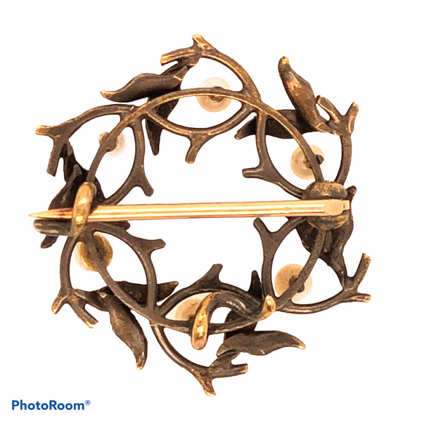 Antique 14K Yellow Gold Laurel Wreath Pin with Pearls   JSI0234