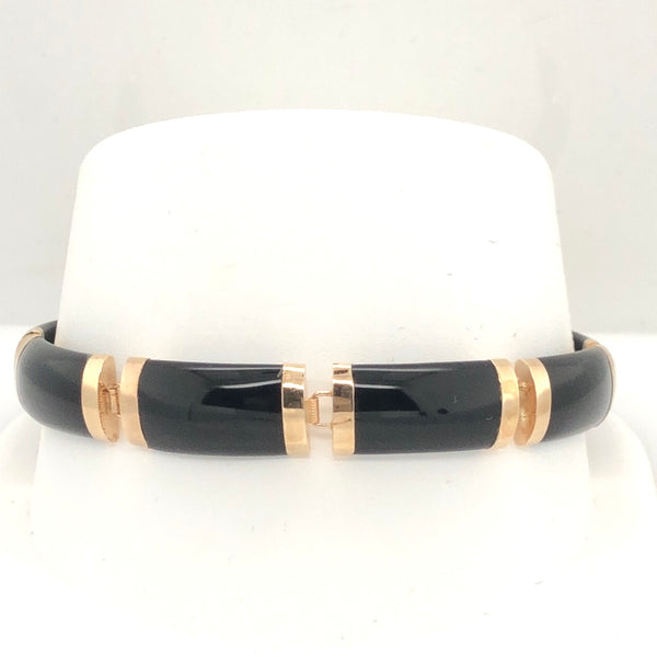 14K Yellow Gold Black Stone Link Asian Detail Link Bracelet  CB0234
