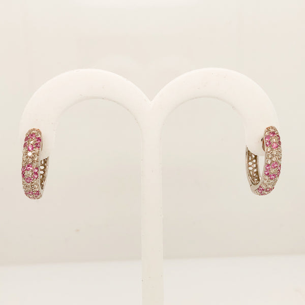 18K White Gold Diamond and Pink Sapphire Hoop Earrings  CE0128