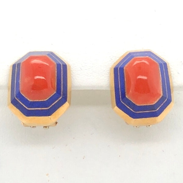 18K Yellow Gold Blue Enamel and Coral Earrings  CE0223