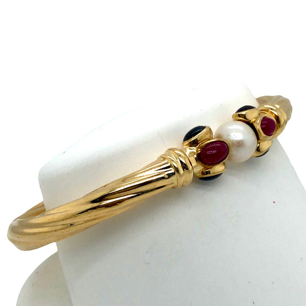 14K Yellow Gold Hinged Twist Bangle with Pearl and Gemstones  CB0106