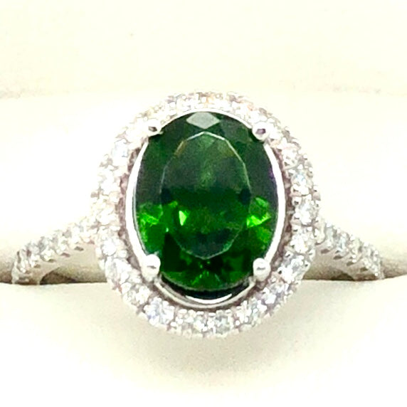 14K White Gold Ring with Green Siberian Chrome Diopside & Diamonds  CR0276