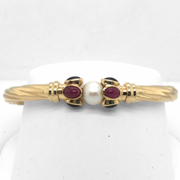 14K Yellow Gold Hinged Twist Bangle with Pearl and Gemstones  CB0106