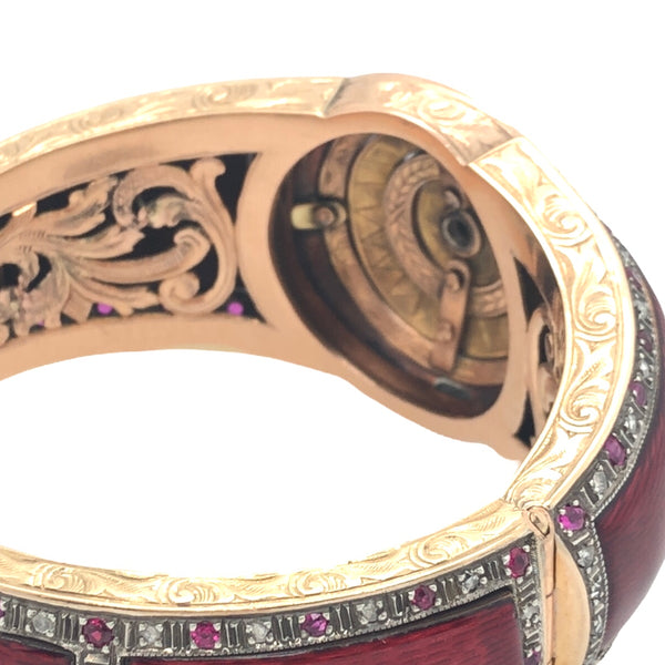 Most Beautiful Antique 14K Yellow Gold  Red Guilloche Enamel Ruby & Diamond Bracelet  CB0224